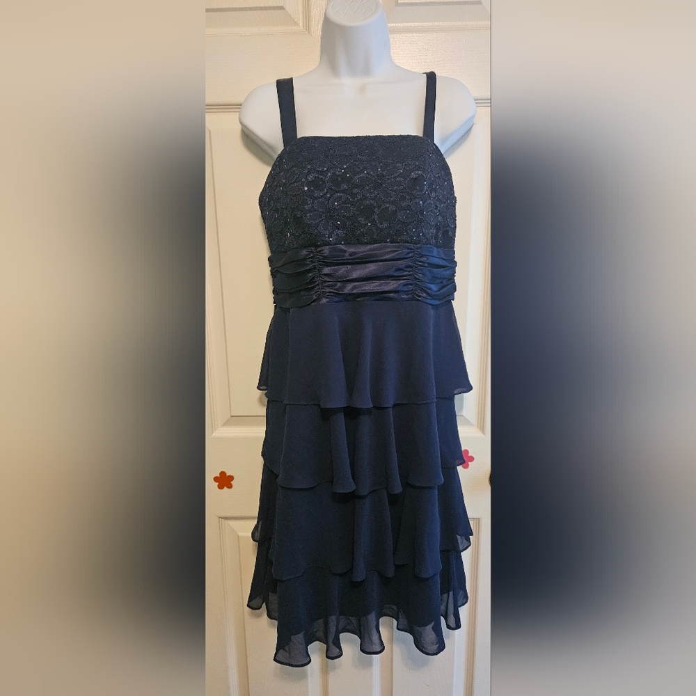 R and M Collection Elegant Navy Blue Woman's Ruffled Dress - Size 10